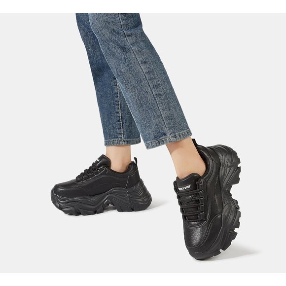 Women's Black Chunky Rubber Platform Casual Lace-Up Walking Sneaker Shoes - Picture 8 of 9